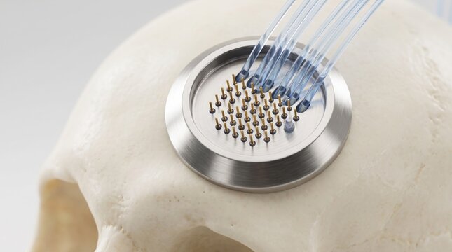 Futuristic Neural Implant with Gold Pins in Human Skull.