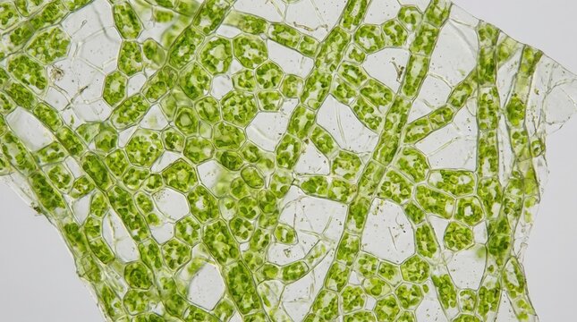 Microscopic View of Green Algae Filaments and Cellular Structure.