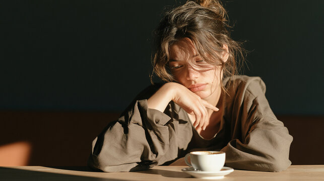 Young woman staring into a cup of cold coffee without emotion, , young man crying, woman sitting in the dark room, burnout, photo style