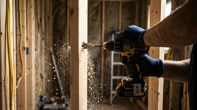 Professional worker using a cordless power drill with a spade bit to drill a hole into a wooden wall stud during home renovation, sawdust flying in a construction site interior frame.