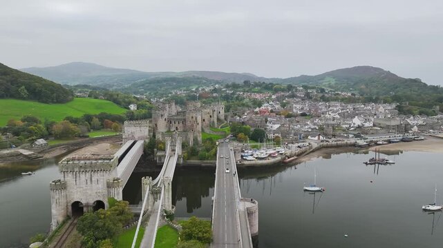 Conwy Castle over River Convy from a drone, Convy, North Wales, England, United Kingdom