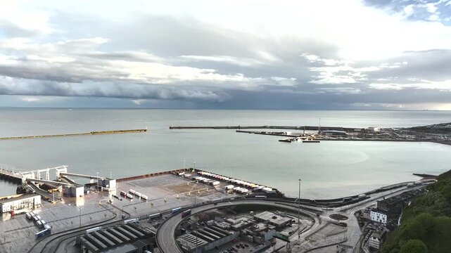 Port of Dover from a drone, White Cliffs, Dover, Kent, England, United Kingdom