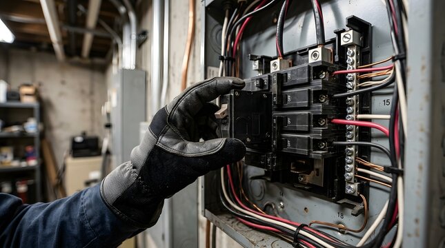 Close up of an electrician wearing protective gloves while replacing or installing a circuit breaker in an electrical service panel for maintenance and household power system safety.