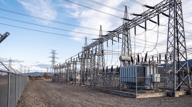 Electrical substation with power lines and transformers, energy infrastructure and industrial power