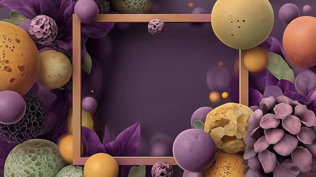 3D square metallic frame surrounded by easter eggs abstract spheres and sculpted flowers with copy space