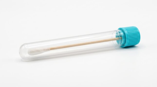 Medical cotton swab inside a clear plastic test tube with blue cap