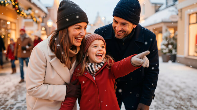 Happy family walking in a snowy city street during winter. Parents and daughter enjoying Christmas shopping in the evening