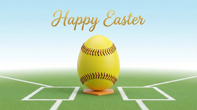 Softball themed egg on sports field with happy easter text