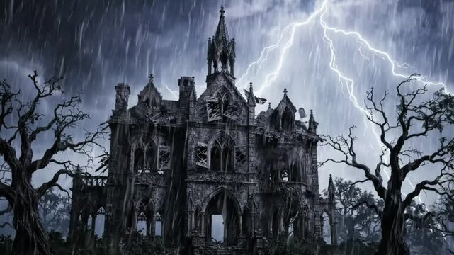 Haunted gothic mansion during a violent thunderstorm with lightning