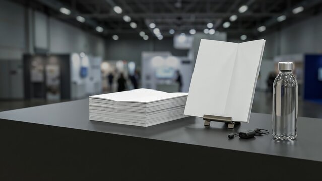 Blank white bifold brochure standing beside a stack of paper at a trade show counter