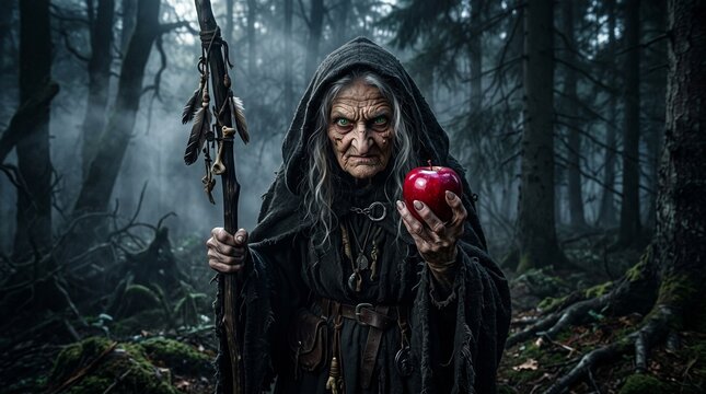 An old witch in a tattered dark robe and with a piercing gaze stands in a dark forest, holding a red apple and a staff; a mysterious, eerie atmosphere evoking fairy tales and evil.