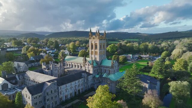 Buckfast Abbey from a drone, Devon, England, United Kingdom