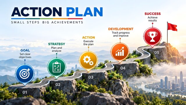 Action plan roadmap with five steps from goal to success visualized as a winding road up a mountain with icons and city skyline below.