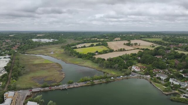 Lymington River and marina from drone, Lymington, New Forest, Hampshire, England, United Kingdom