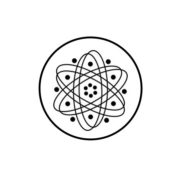 Abstract atom symbol line art vector, science nucleus logo in circle frame, physics icon