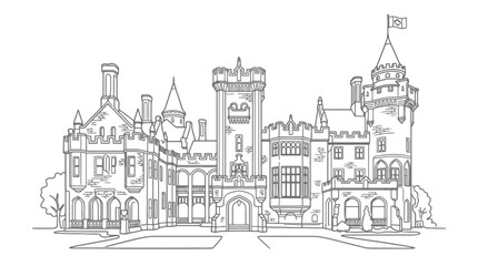 Obraz premium Ornate Castle Facade Outline Drawing Isolated on White Background