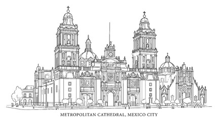 Fototapeta premium Metropolitan Cathedral Mexico City Line Drawing Illustration Isolated