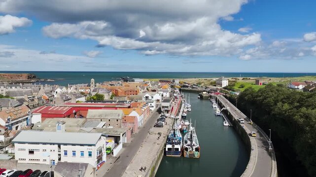 Eyemouth from a drone, Berwickshire, Scottish Borders, Scotland, UK