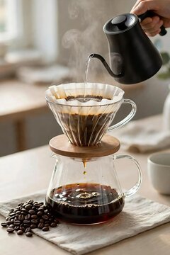 Pour Over Coffee Brewing with Glass Dripper and Kettle