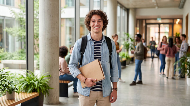 Young Man Smiling Holding Books in University Hallway with Students