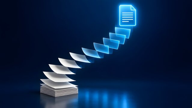 Stack of physical office papers transforming into glowing digital documents illustrating paperless migration