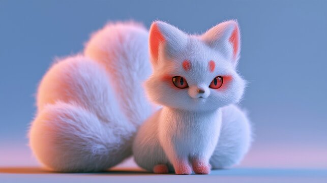 3DCGで描かれた可愛い白狐の妖怪キャラクター
フワフワした毛並みの九尾の狐 神秘的なファンタジーイラスト