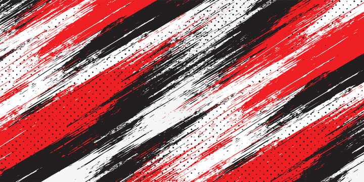 Abstract red black and white grunge brush stroke background with diagonal halftone pattern for sports, racing, and esports banner design