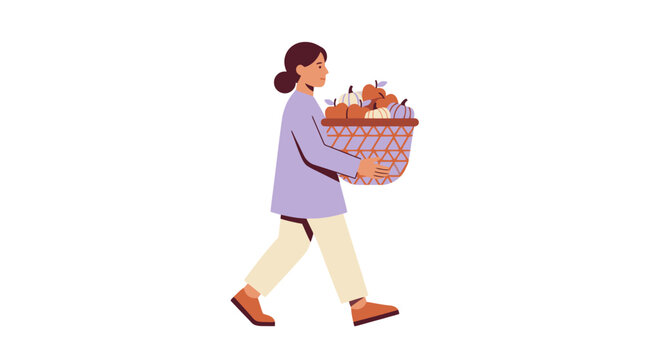 Vector Illustration Of A Young Woman Walking And Carrying A Basket Full Of Groceries. EPS Editable. Vector Illustrations.