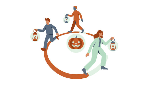 Vector illustration of people walking in circle holding lanterns around carved halloween pumpkin. EPS Editable. Vector Illustrations.