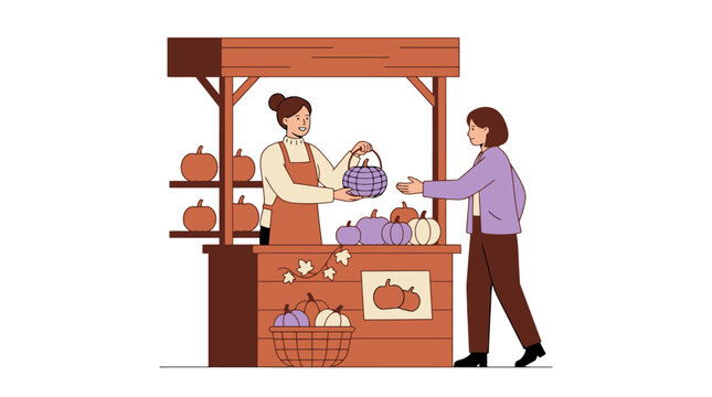 Woman Buying Fresh Organic Pumpkins from Vendor at Autumn Harvest Wooden Market Stall Illustration. EPS Editable. Vector Illustrations.