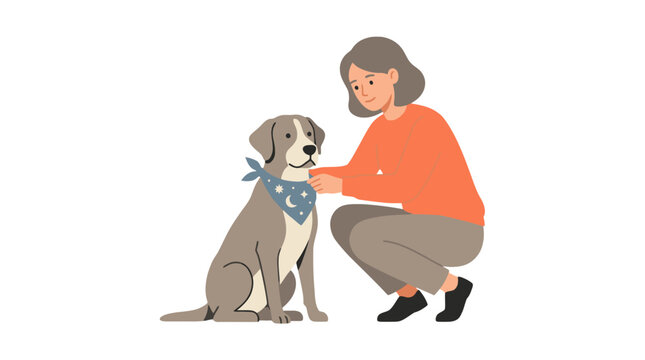 Woman Crouching Next To Her Cute Domestic Dog With Bandana Flat Vector Character Illustration. EPS Editable. Vector Illustrations.
