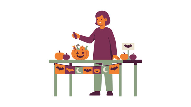 Woman decorating table with carved pumpkins and spooky ornaments for Halloween celebration illustration. EPS Editable. Vector Illustrations.