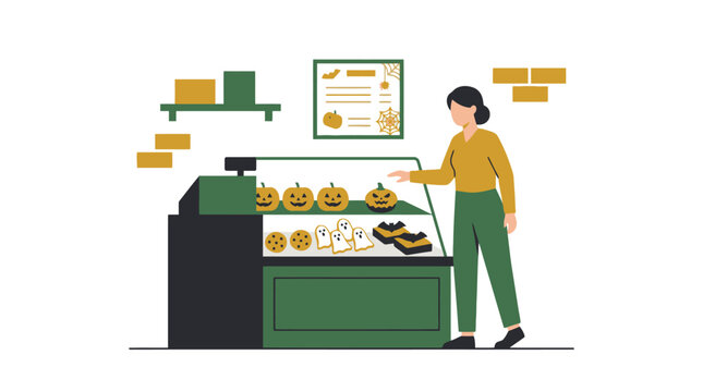 Woman customer choosing spooky halloween pastries and cakes at modern bakery showcase counter illustration. EPS Editable. Vector Illustrations.