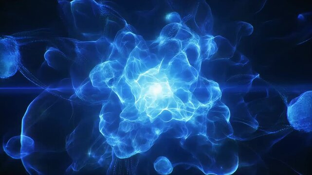 Glowing blue energy cloud with floating spherical digital particles