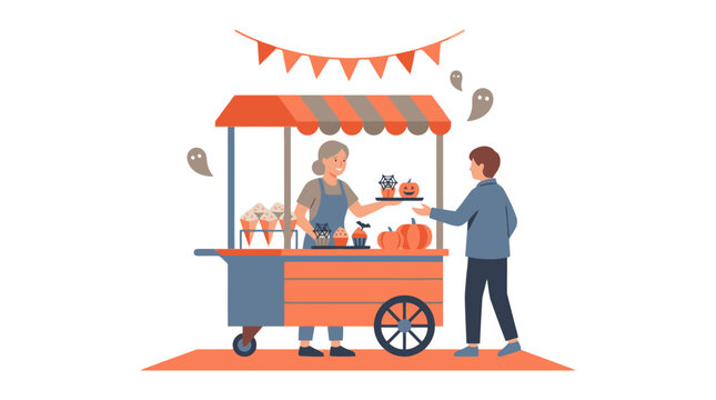 Woman selling halloween festive snacks and pumpkins from street food cart stall to customer illustration. EPS Editable. Vector Illustrations.