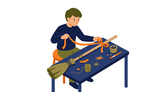Young artisan making handmade broom on workshop table craft illustration. EPS Editable. Vector Illustrations.