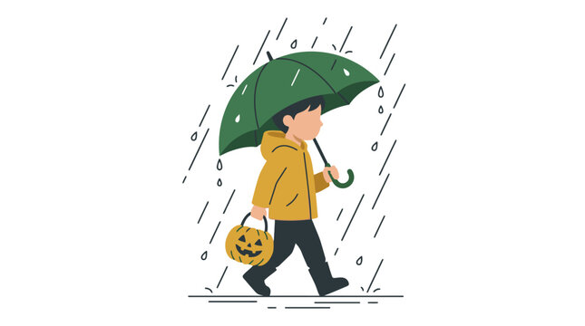 Young boy holding green umbrella and pumpkin bucket walking in heavy rain illustration. EPS Editable. Vector Illustrations.