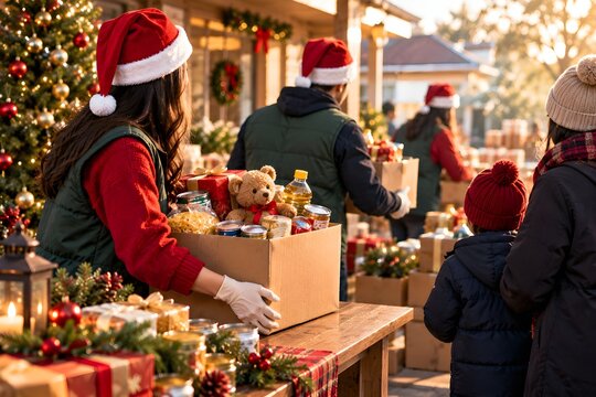 Volunteers Packing Christmas Food Boxes for Charity Donation Outdoor