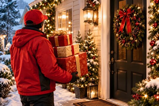 Courier Delivering Christmas Presents Stacked at House Front Door in Winter