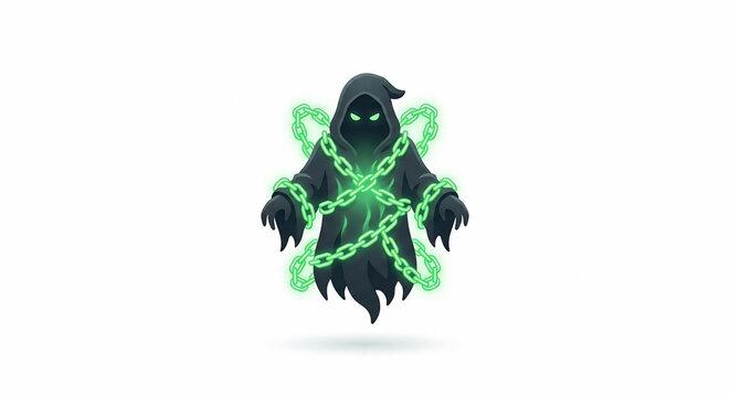 Mystical hooded specter bound by glowing green ethereal chains.