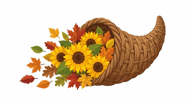 Wicker cornucopia basket filled with vibrant sunflowers and colorful autumn leaves.