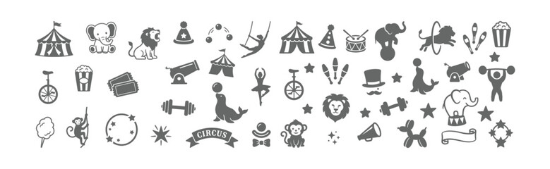 Fototapeta premium A collection of monochrome circus themed icons including animals performers and carnival objects