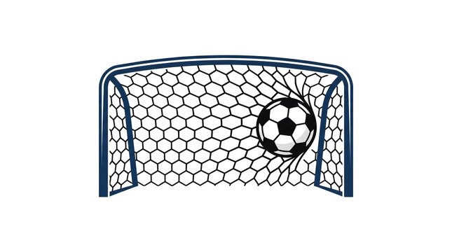 Vector illustration of a soccer ball hitting the back of the net inside the goal, representing a successful score, victory, or soccer tournament match