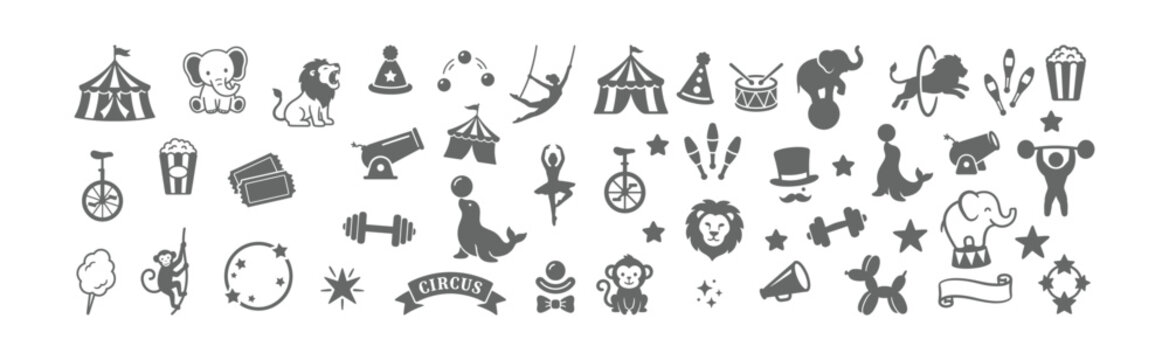A collection of monochrome circus themed icons including animals performers and carnival objects