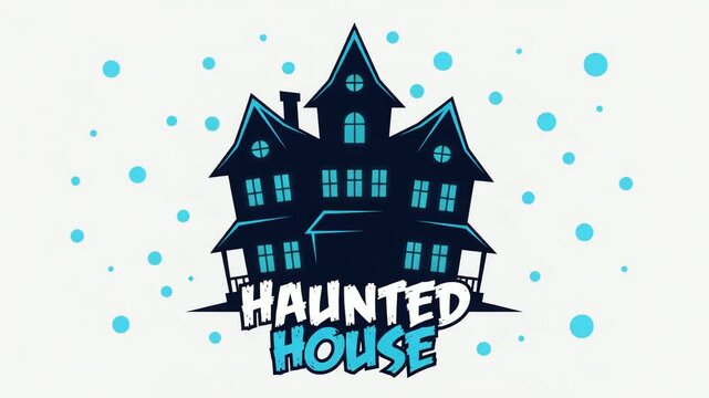 Haunted house illustration showing spooky Victorian mansion silhouette with glowing windows against a snowy night sky background filled with floating blue circles.