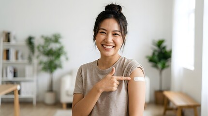 Fototapeta premium Happy young Asian woman smiling and pointing at her arm with a medical bandage after getting a vaccination or injection at home, promoting health immunity and disease prevention.