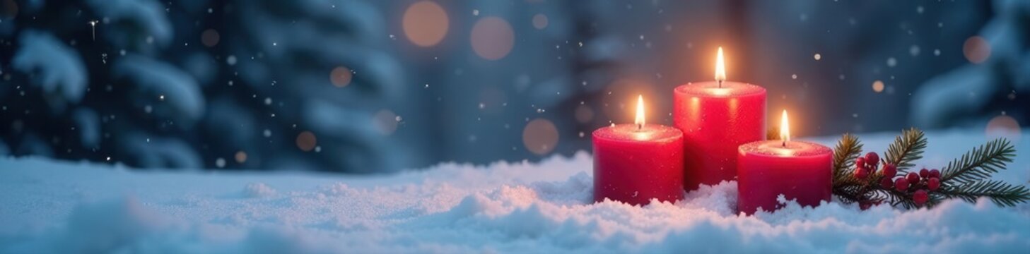 Snow covered landscape with three lit Advent candles , christmas background, outdoor