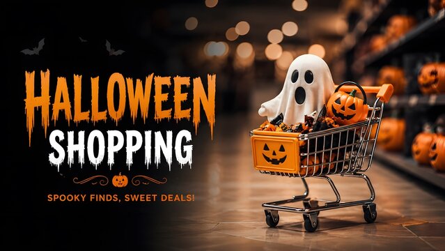 October 31 Happy Halloween Day shopping Celebration with Spooky Decorations Costumes Jack o Lanterns and Bats