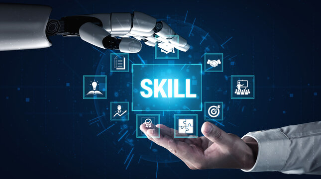 Human and Robot Collaboration Highlighting Technology and Skill Development in a Digital Landscape with Innovative Icons and Graphics Fluxor.