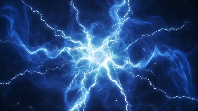 Blue lightning bolts converging into bright electric energy burst